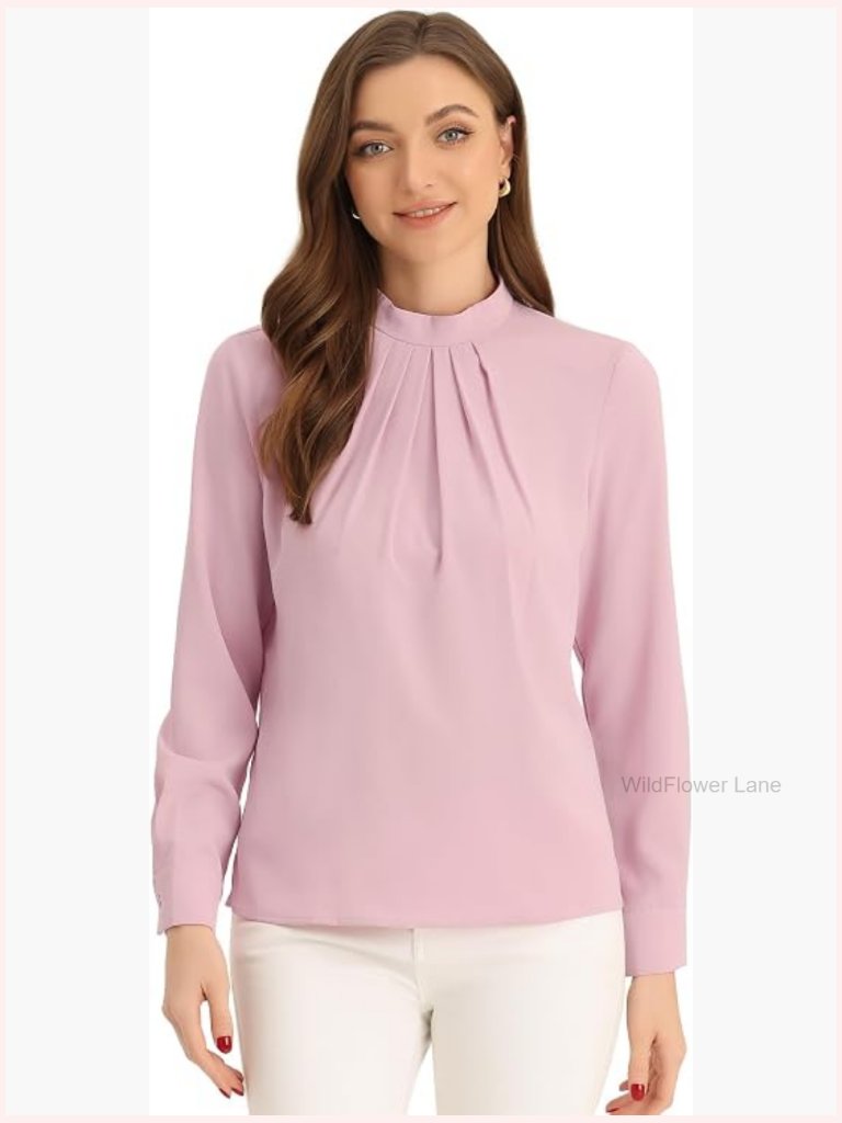 Stand Collar Long Sleeve Ruched Blouse Business Casual Office Top